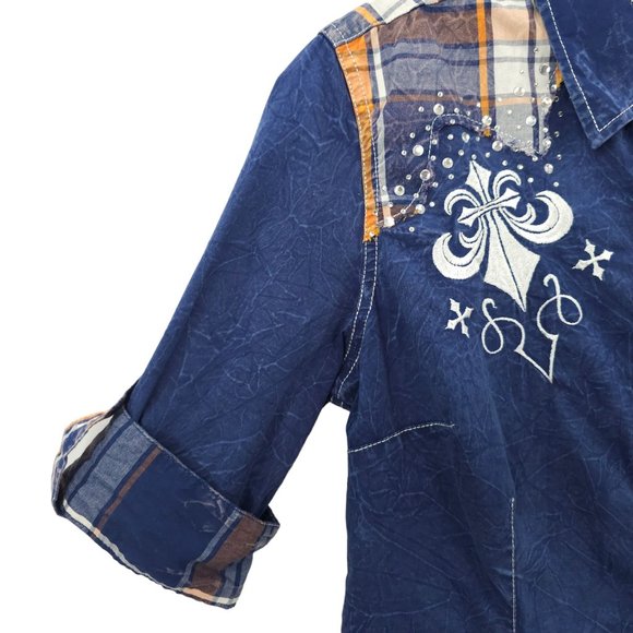 Affliction Snap Front Shirt Womens S Roll Tab 3/4 Sleeve Blue Cross Rhinestones - Picture 12 of 16